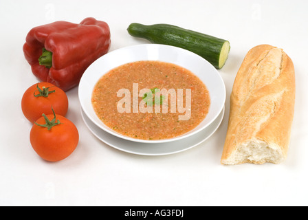 Gazpacho traditional chilled Spanish soup made from raw tomatoes peppers cucumber bread and olive oil Stock Photo