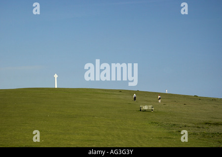 The Tennyson Monument standing on Tennyson Down, Totland, Isle of Wight, England. Stock Photo