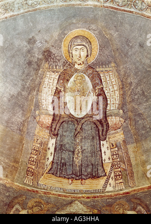 fine arts, religious art, Saint Mary with infant Jesus, 1037 - 1056, fresco, Sveti Sofije church, Ohrid, Macedonia, Artist's Copyright has not to be cleared Stock Photo