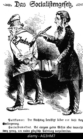geography/travel, Germany, politics, anti socialist law, 1878, prolongation 1888, caricature, engraving, 'Kladderadatsch', 1888, , Stock Photo