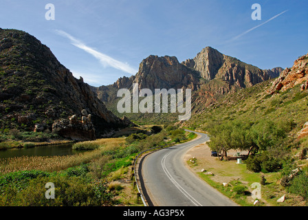 Winding road through Kogmanskloof near Montague with it's hot water spa, Western Cape, South Africa Stock Photo