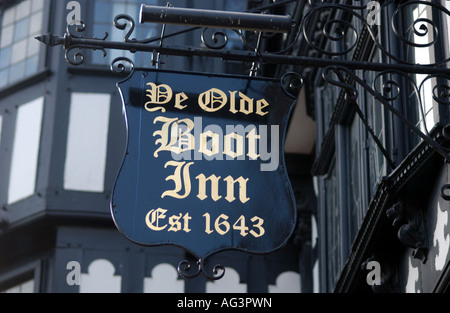 Ye Olde Boot Inn pub sign which dates back to 1643 in Chester UK Stock Photo