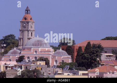 Greece Rhodes View of Rhodes Old Town with the Sulaiman mosque and the 19th century clock tower Stock Photo