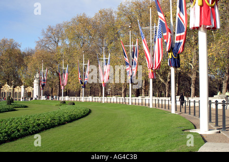 Flags of the world around the green outside Buckingham palace Stock Photo