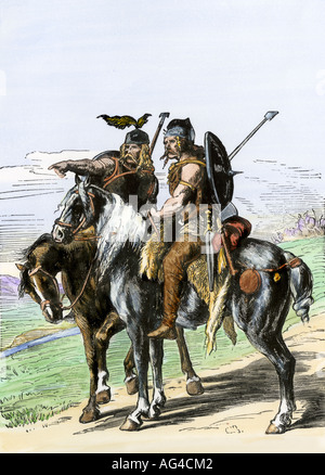 Gauls on horseback under the Roman Empire. Hand-colored woodcut Stock Photo