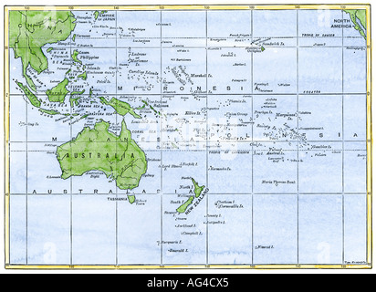 Map of Oceania and the Pacific island groups 1800s. Hand-colored woodcut Stock Photo