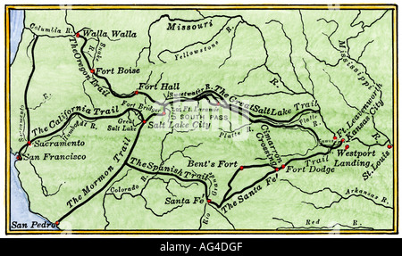 Map of the principal western trails in the 1800s. Hand-colored woodcut Stock Photo