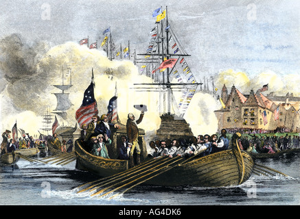 George Washington arrives at New York City by boat for his inauguration as first US President 1789. Hand-colored steel engraving Stock Photo