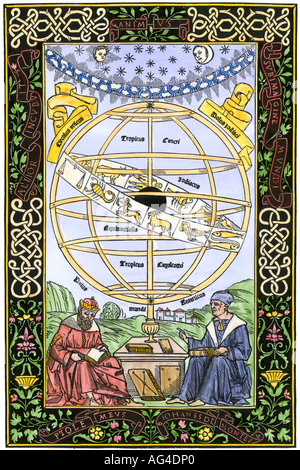 Earth-centered cosmology or Ptolemaic system as explained in the 1400s. Hand-colored woodcut Stock Photo
