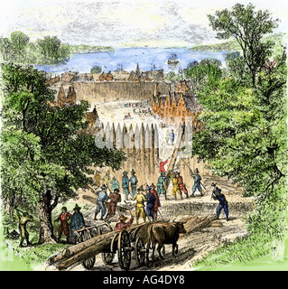 Dutch colonists building the perimeter stockade on Manhattan Island which became Wall Street New Amsterdam 1650s. Hand-colored woodcut Stock Photo