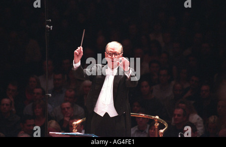 The late Italian film composer Ennio Morricone (10 Nov 1928-6 July 2020)) conducting the Rome Symphony Orchestra, Royal Albert Hall, London, England. Stock Photo