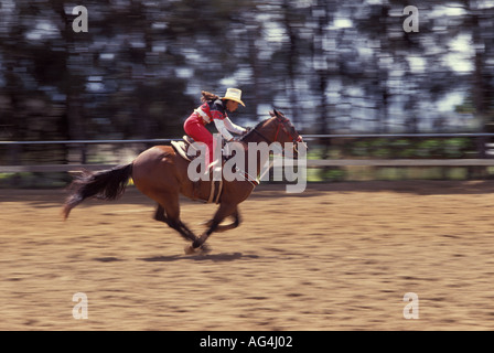 A cowgirl speeds to the finish line during a rodeo competition on Maui, Hawaii. Stock Photo
