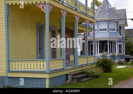 Yellow Victorian cottage in Thousand Island Park on Wellesley Island in the Thousand Island St Lawrence Seaway region, New York