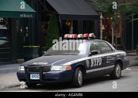 An NYPD Auxiliary police car parked in Bleecker Street Greenwich Village Stock Photo