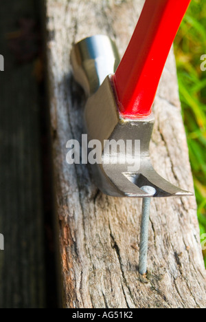 Claw hammer pulling large nail Stock Photo