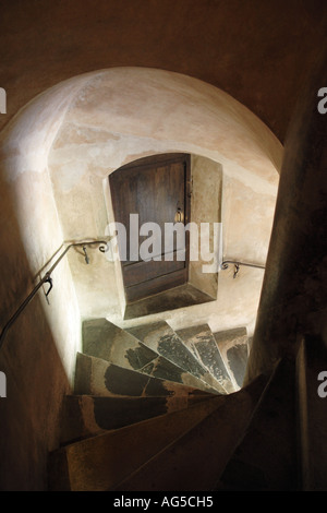 spiral staircase in the medieval castle of Chillon Stock Photo