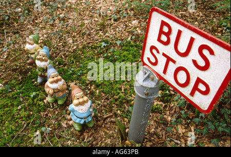 Devon West Putford Gnome Reserve queue of gnomes at bus stop Stock Photo