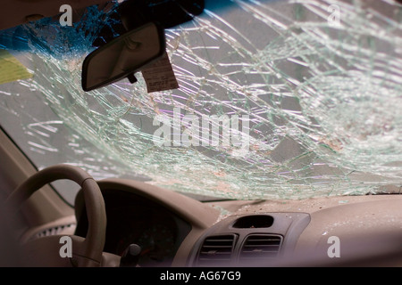 Shattered Windshield after car accident, New York, USA Stock Photo