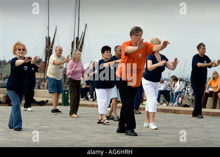 MALDON ESSEX ANCIENT FISHING PORT ON THE RIVER BLACKWATER ON THE EAST COAST OF ENGLAND PERFORMING TAOIST TAI CHI THE INTERNAL AR Stock Photo