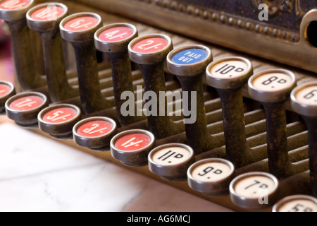 Old fashioned cash till showing shillings and pence on numbered keys Stock Photo