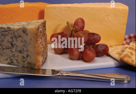 Close up of Selection of cheeses cheese and cream crackers biscuits Stock Photo