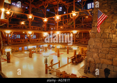 The interior of the historic Old Faithful Inn, Yellowstone National Park, Wyoming Stock Photo