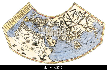 Ptolemy map of the world, a concept of the flat earth. Hand-colored woodcut Stock Photo