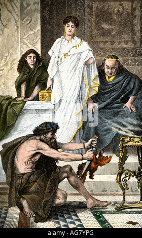 Roman haruspex ceremony foretelling the future in the entrails of a sacrificial animal. Hand-colored woodcut Stock Photo