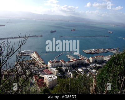 Gibraltar Marina and Harbour, viewed from Upper Rock Nature Reserve, Gibraltar, Europe, Stock Photo
