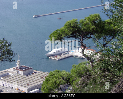 Gibraltar Marina and Harbour Viewed from Upper Rock Nature Reserve  Marina harbour boats ships shipping tankers looking down Stock Photo