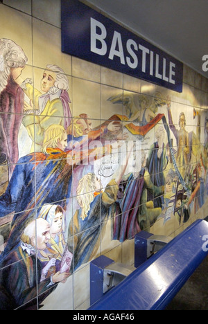 Paris Bastille metro underground railway station platform with tiled wall panels illustrating historical events Stock Photo
