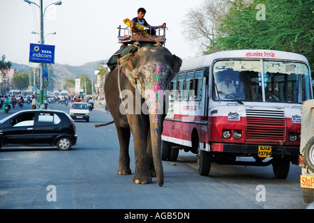 Decorated elephant walking through the busy streets of Jaipur the pink city of Rajasthan India Stock Photo