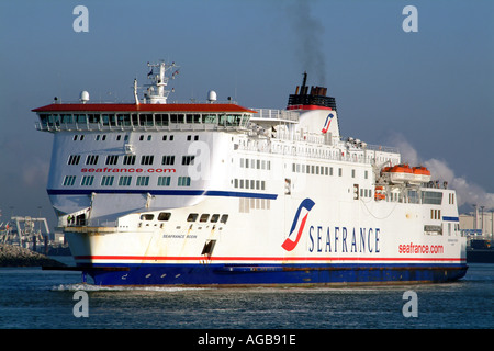 Cross Channel roll on roll off passenger ferry RODIN of the Seafrance fleet leaving Calais Harbour Northern France for Dover Eng Stock Photo