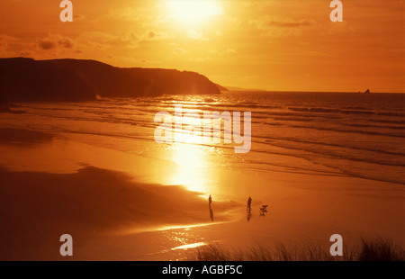 Sunset over beach at Perranporth on the north coast of Cornwall, UK Stock Photo