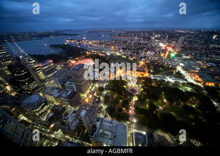 High level oblique aerial view east of Hyde Park and Woolloomooloo at dusk evening or twilight from Sydney Tower NSW Australia Stock Photo