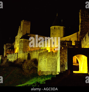 Carcassonne Medieval City France West Gate and Count s Castle at night Stock Photo