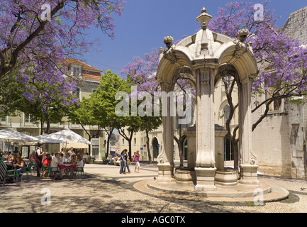 Lisbon, Chiado district, Largo Do Carmo Square With a street Cafe & Jacaranda Trees In Flower Stock Photo