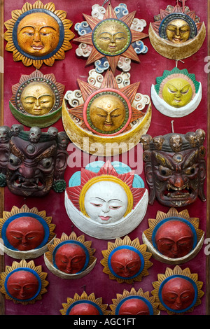 Wooden sun plaque carvings. Swayambhu Stupa, Kathmandu, Nepal Stock Photo