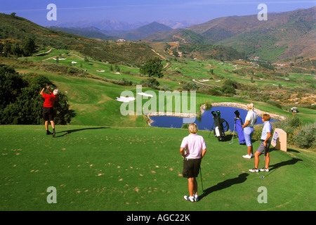 Teeing off amid mountains, valleys and green fairways at north course of La Cala Resort in Malaga on Costa del Sol, Spain Stock Photo