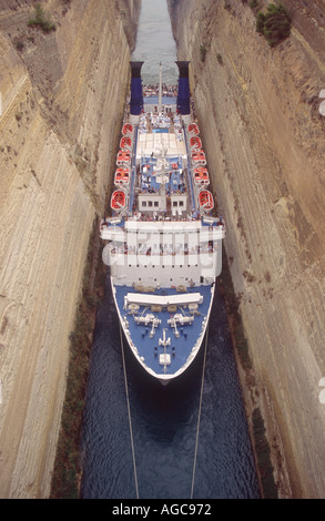 A cruise liner passing through the Corinth Canal in the Peloponnese near Athens Greece Stock Photo