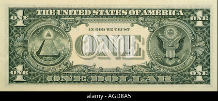 Reverse of a US One Dollar Bill, Often Referred to as the Green Back. Stock Photo