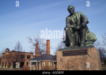 Michigan Dearborn Greenfield Village Thomas A Edison statue in front of Edison Illuminating Company Stock Photo