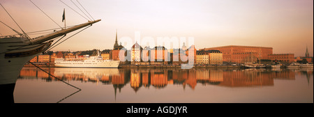 Af Chapman schooner at Skeppsholmen across from The Old Town in Stockholm at sunrise Stock Photo