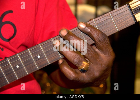 A musician playing an electric guitar on Beale Street in Memphis, Tennessee. Stock Photo