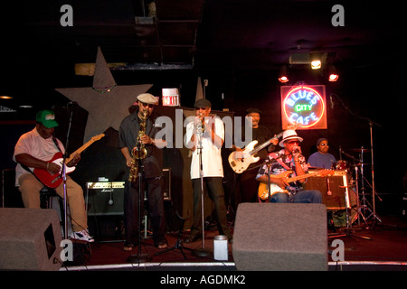 A blues band playing at a club on Beale Street in Memphis, Tennessee. Stock Photo