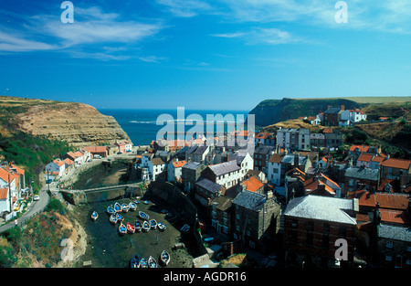 Aerial view of Staithes, North Yorkshire, England, showing Harbour at low tide Stock Photo
