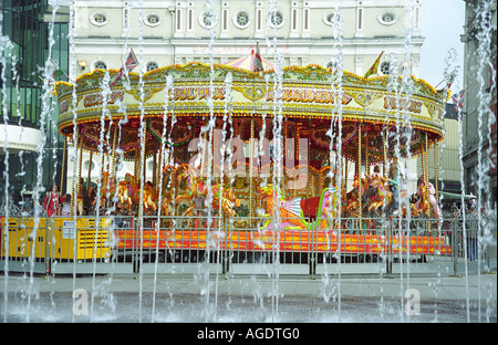 Merry-go-round and Fountain, Williamson Square, Liverpool, England Stock Photo