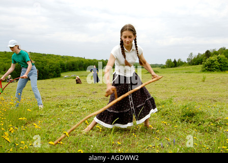 Stock image of a young farm girl in skirt and long braids scything or hand mowing a hay field Stock Photo