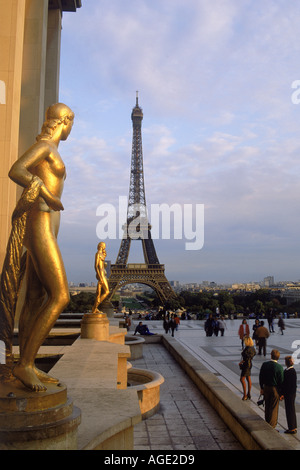 Eiffel Tower and Golden Figurines from Palais de Chaillot terrace Stock Photo