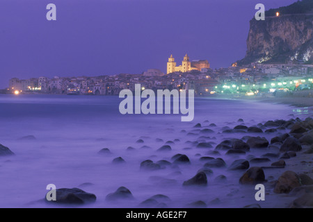 The Piazza of Duomo Cathedral above village of Cefalu in Sicily at night Stock Photo